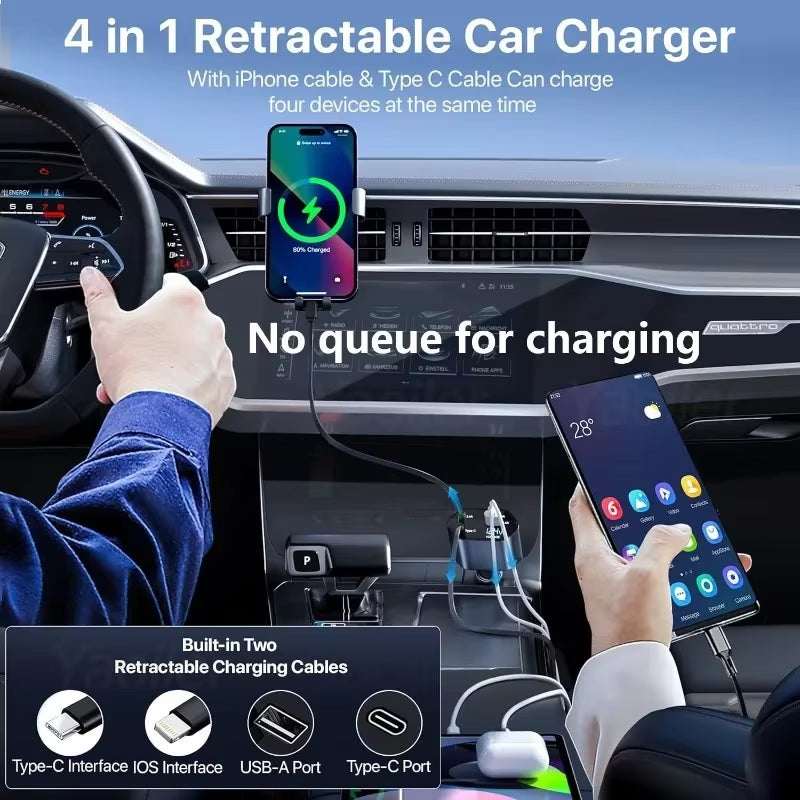 All New Retractable Car Charger 120W 4 in 1 Super Fast Charge Car Phone Charger PD USB Ports for Iphone Samsung Huawei Xiaomi